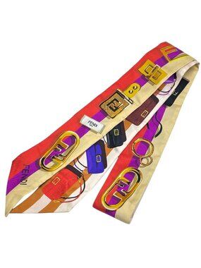 Fendi Wrap Scarf Ribbon Band Logo Allover Pattern Silk Red Orange Purple Luxury